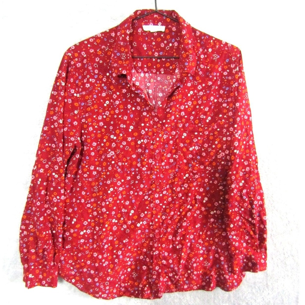 Beachlunchlounge Womens Red Floral Viscose Button Down Shirt Long Sleeve Large